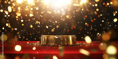 A cinematic awards ceremony 3D background with a glamorous golden podium. Bright spotlights, red carpet reflections, and shimmering confetti in the air make the scene feel prestigious and celebratory.