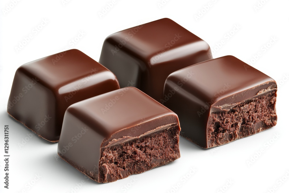 Help me create some images of chocolate, cut into pieces, with a white background, in the front view, side view, and top view, using hyper-realistic photography Help me create some images of chocolate, cut into pieces, with a white background, in the front view, side view, and top view, using hyper-realistic photography