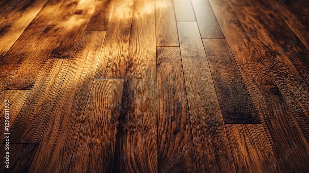 Fototapeta premium Wooden floor with warm sunlight reflection. Hardwood texture background for interior design and architecture.