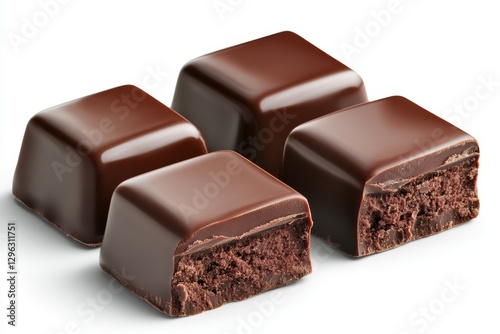 Help me create some images of chocolate, cut into pieces, with a white background, in the front view, side view, and top view, using hyper-realistic photography