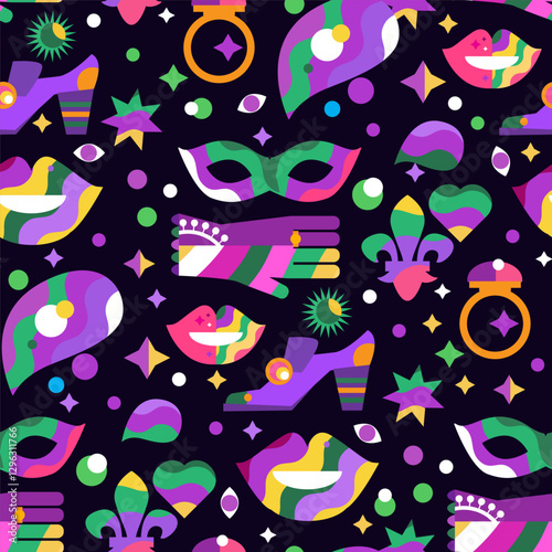 Mardi Gras Carnival, masquerade seamless pattern holidayy template design Vector carnaval texture