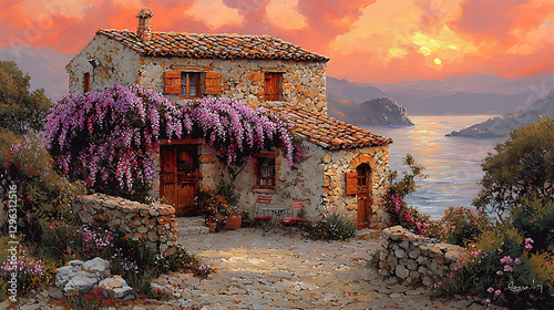 Serene sunset over a charming stone cottage draped in vibrant purple wisteria.  Evokes tranquility, escape, and the beauty of Mediterranean life. Ideal for travel, real estate, or home décor projects.