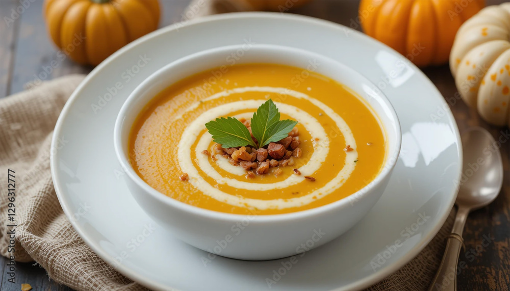 Creamy Pumpkin Soup with Cream Swirl and Autumn Garnish Creamy Pumpkin Soup with Cream Swirl and Autumn Garnish