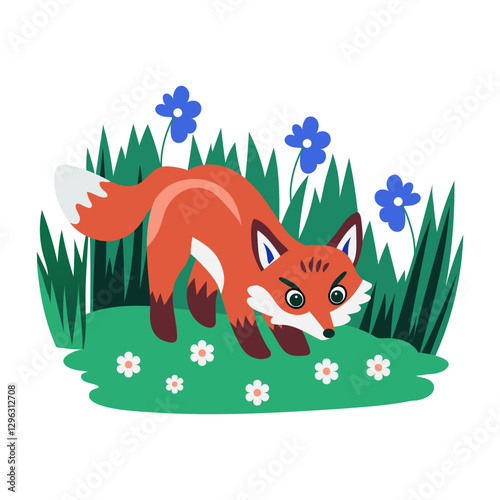 A flat style illustration of curious fox character