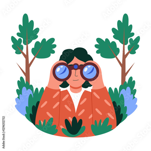 Girl with binoculars doing bird watching, flat character illustration