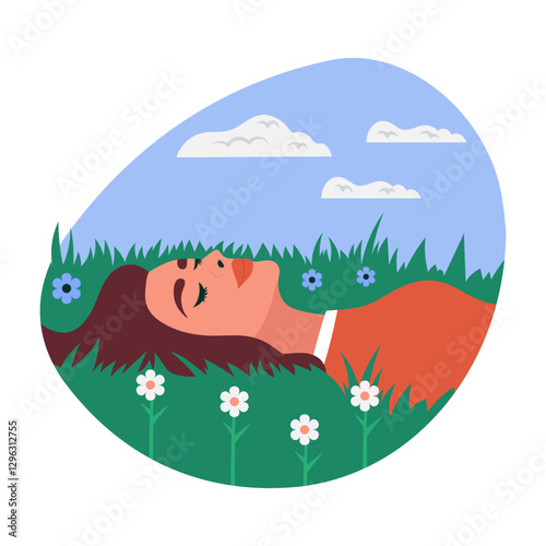 Cloud gazing girl while laying down on grass, flat illustration