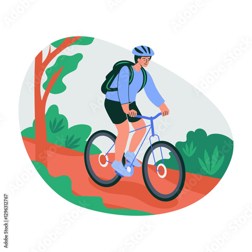Boy on a cycling adventure, flat style illustration