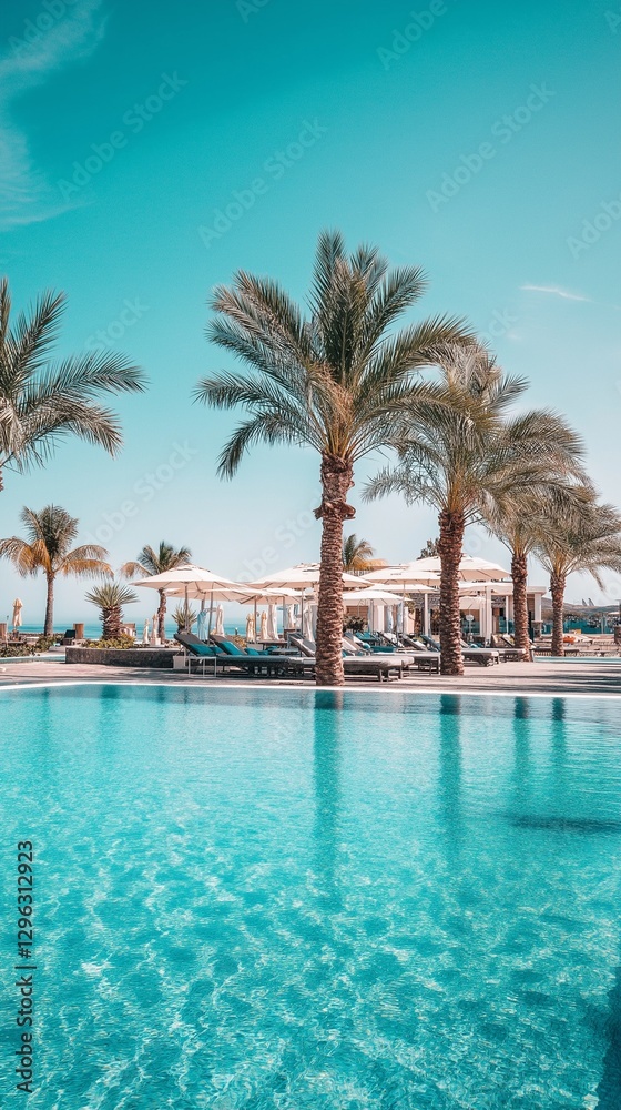 A sun-drenched tropical setting featuring a swimming pool facing a tranquil seaside bay. A sun-drenched tropical setting featuring a swimming pool facing a tranquil seaside bay.