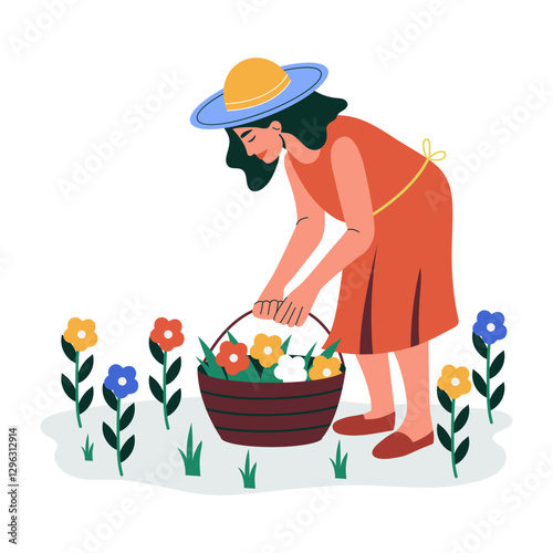 Flat character illustration of a flower picking girl