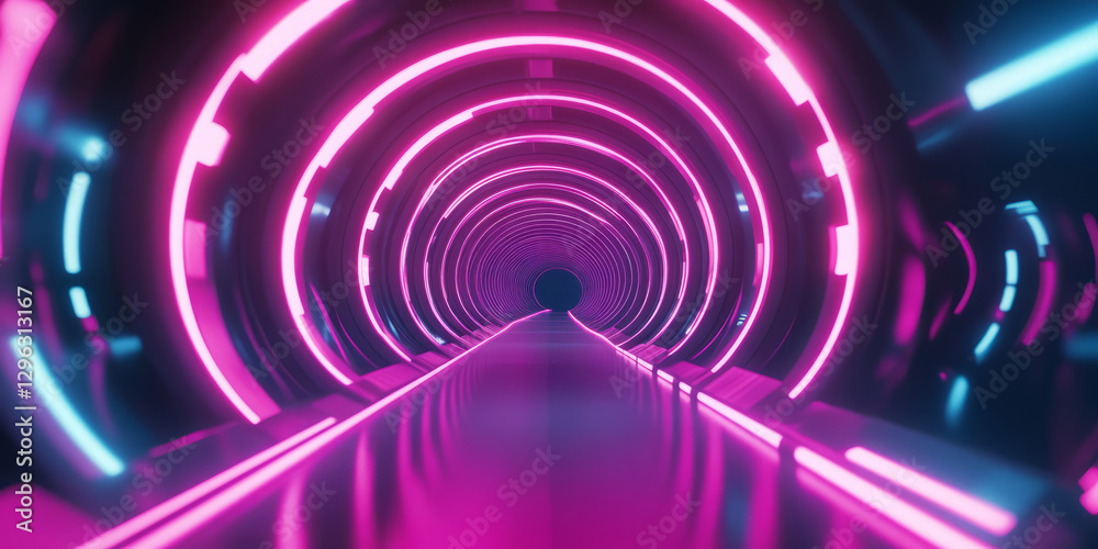 A high-tech 3D abstract background showcasing a tunnel of pulsating neon rings, arranged in an infinite loop. The glowing reflections create a sense of movement, adding a futuristic and immersive A high-tech 3D abstract background showcasing a tunnel of pulsating neon rings, arranged in an infinite loop. The glowing reflections create a sense of movement, adding a futuristic and immersive