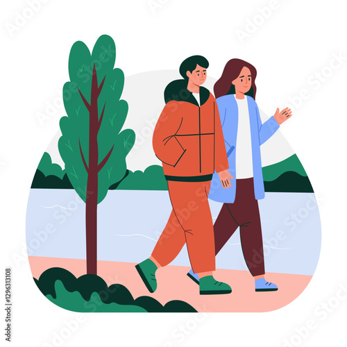 Couple walk in garden, flat style illustration