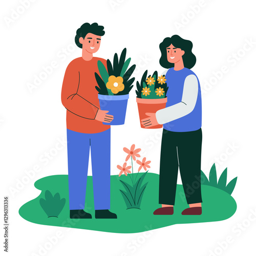 Friends exchanging plant gift, flat style illustration
