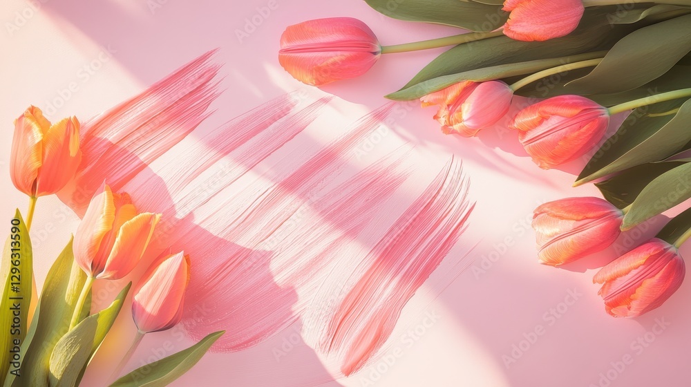 A minimalist flat lay, bathed in the soft glow of pastel pink, reveals a vibrant scene: a brushstrokes of paint capturing the essence of springtime, surrounded by the cheerful hues of tulips in a A minimalist flat lay, bathed in the soft glow of pastel pink, reveals a vibrant scene: a brushstrokes of paint capturing the essence of springtime, surrounded by the cheerful hues of tulips in a