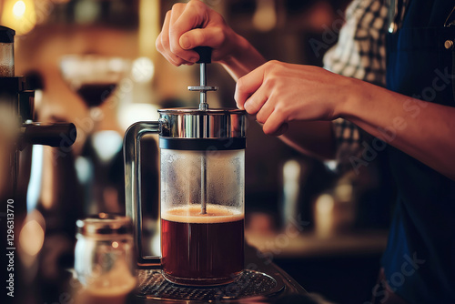 A barista's hands pressing down the filter on a French press, with a blurred cafe background, warm tones.