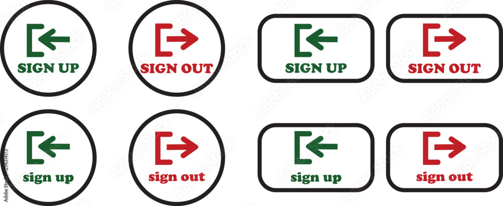 Login and logout icon set Set of sign out, Sign in vector vector collection. Open and close door symbol. Black exit and enter arrow, trendy flat style isolated on transparent background.