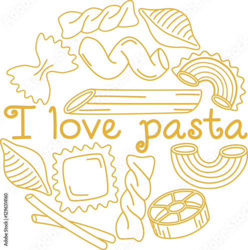 I love pasta round design for banner or card with outline culinary elements. Set of different pasta types