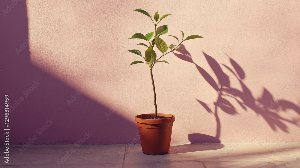 Fototapeta premium A single tea plant with glossy leaves in a terracotta pot, softly lit against a lavender background
