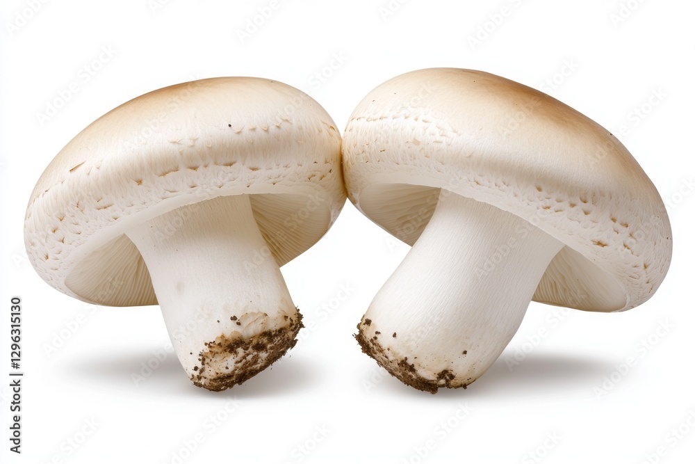 Photograph of a pair of white mushrooms on a solid background, isolated against a clear white background with no shadows. High-resolution photography. High-quality photo Photograph of a pair of white mushrooms on a solid background, isolated against a clear white background with no shadows. High-resolution photography. High-quality photo