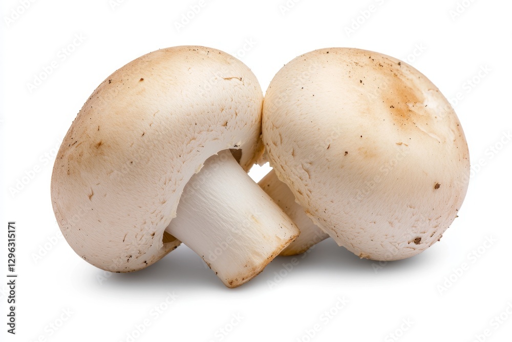 Photograph of a pair of white mushrooms on a solid background, isolated against a clear white background with no shadows. High-resolution photography. High-quality photo Photograph of a pair of white mushrooms on a solid background, isolated against a clear white background with no shadows. High-resolution photography. High-quality photo