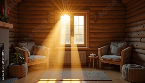 Cozy log cabin with warm sunlight streaming through window