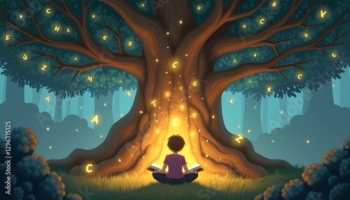 Person meditating under a glowing magical tree at night