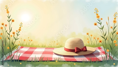 Picnic blanket with straw hat in sunlit summer field
