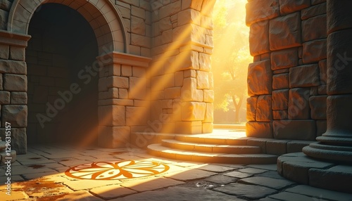 Ancient temple with golden sunlight shining through doorway