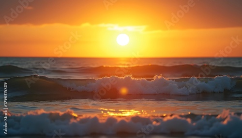 Stunning sunset over ocean waves with golden reflections