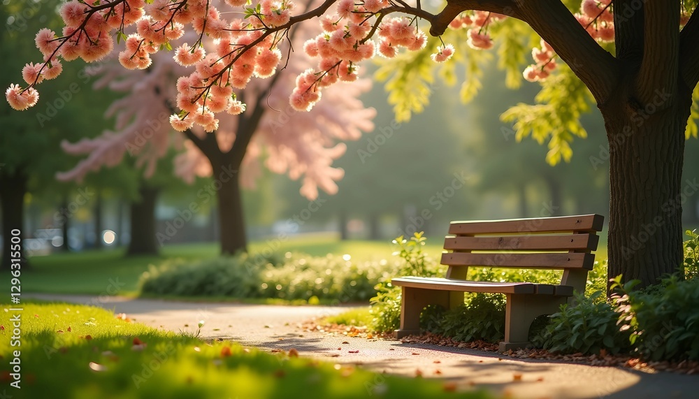 Obraz premium Park bench under blooming cherry trees in spring
