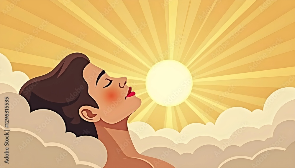 Dreamy woman with sun rays in surreal illustration Dreamy woman with sun rays in surreal illustration