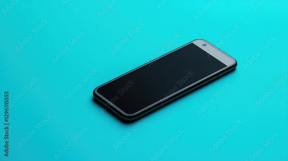 A sleek modern smartphone lying flat on a vibrant blue background with soft lighting A sleek modern smartphone lying flat on a vibrant blue background with soft lighting