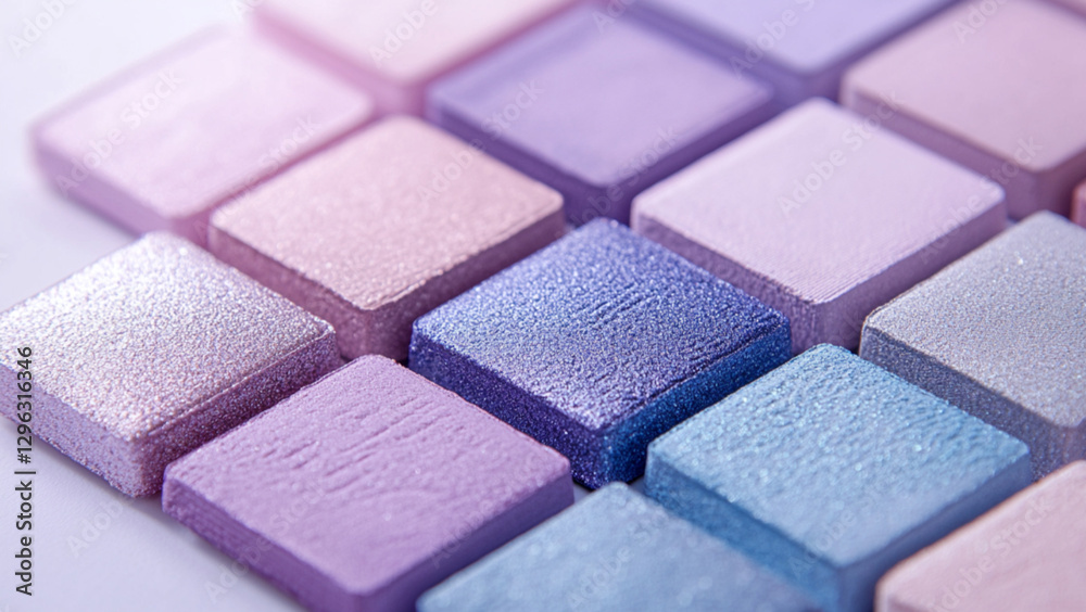 Fototapeta premium Soft pastel colors, light cream background with an elegantly arranged eyeshadow palette in shades of purple, blue, and pink, highlighting the delicate blending, side view emphasizing smooth gradients.