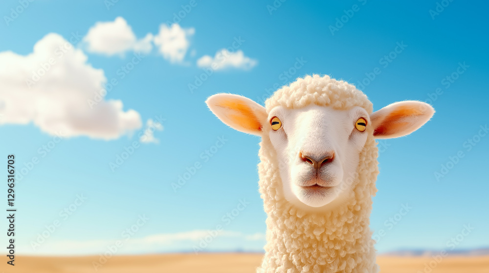 Fototapeta premium Portrait of a Fluffy Sheep with Blue Sky