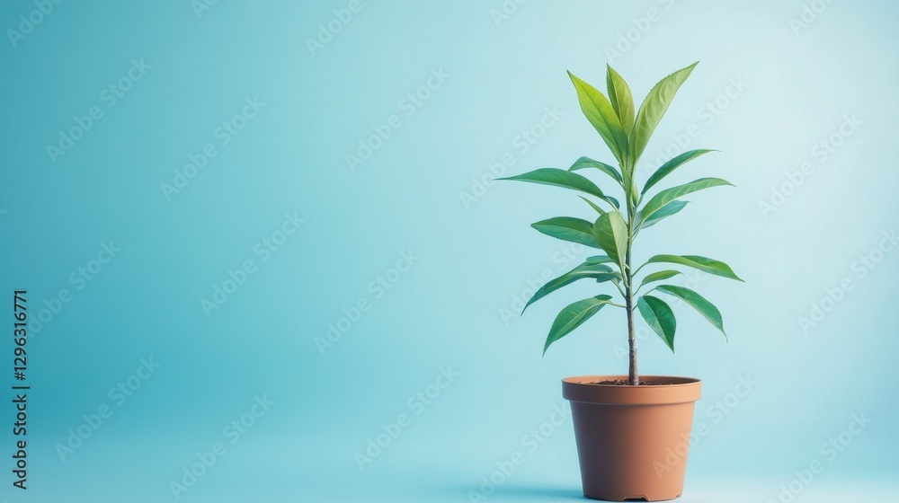 Fototapeta premium A stylishly potted tea plant, positioned elegantly against a light blue gradient background