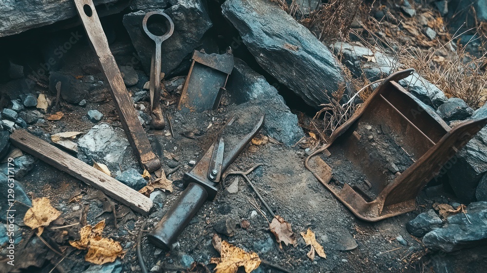 Rusty tools and equipment discarded amongst rocks. Rusty tools and equipment discarded amongst rocks.