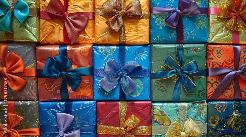 A wall of colorful, wrapped presents with bows.