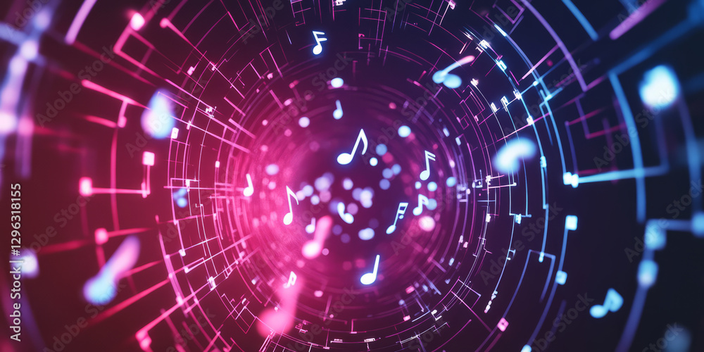 Obraz premium A futuristic 3D background featuring an endless neon tunnel of sound waves, dynamically pulsing in sync with invisible beats. Abstract, glowing musical notes float through the digital space, creating