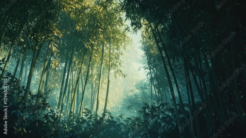 Obraz premium A tranquil bamboo forest with tall, vibrant green stalks glowing softly under the dappled sunlight streaming through the canopy