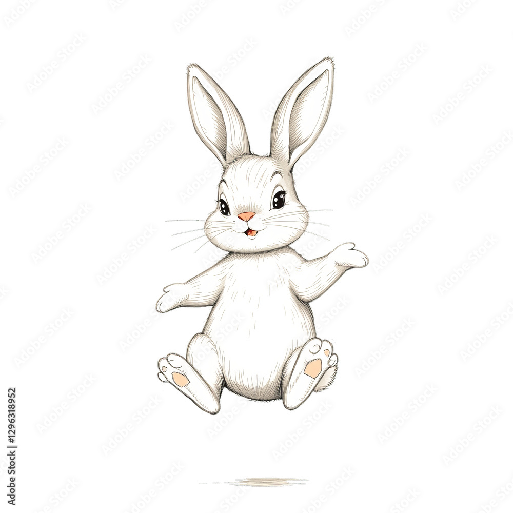 Obraz premium A cartoon rabbit drawn in pencil with its paws pointing in different directions. It has big ears and playful, cheerful expression on face, against a plain background. Lighthearted and whimsical tone