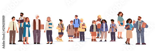 mix race teachers and students group with books standing together education day concept full length horizontal