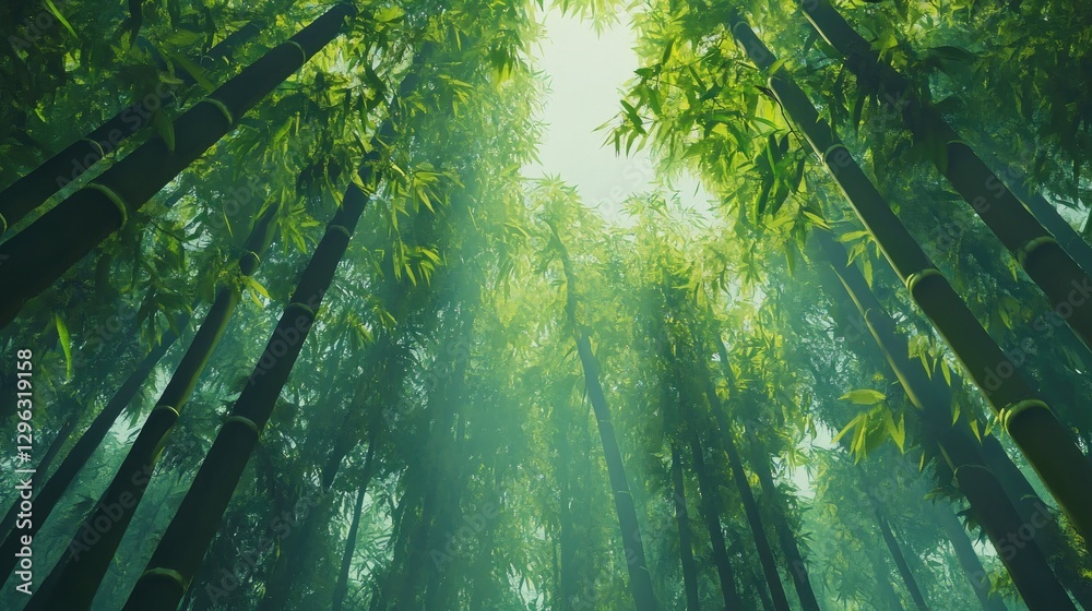 Fototapeta premium Towering bamboo stalks in a tranquil forest, their vibrant green hues glowing softly under the filtered light of a sunny sky