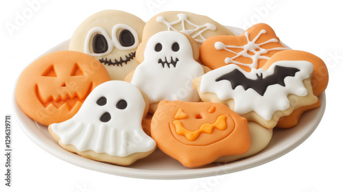 halloween cookies in various shapes and designs on a plate.
