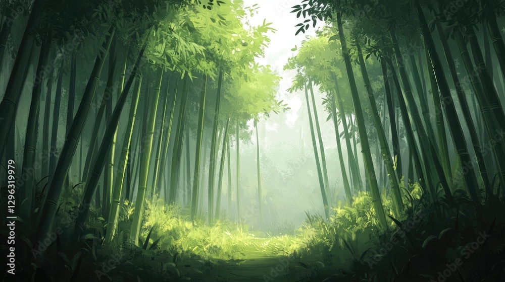 Obraz premium A peaceful bamboo forest with tall green stalks forming vertical lines that stretch gracefully into the open sky