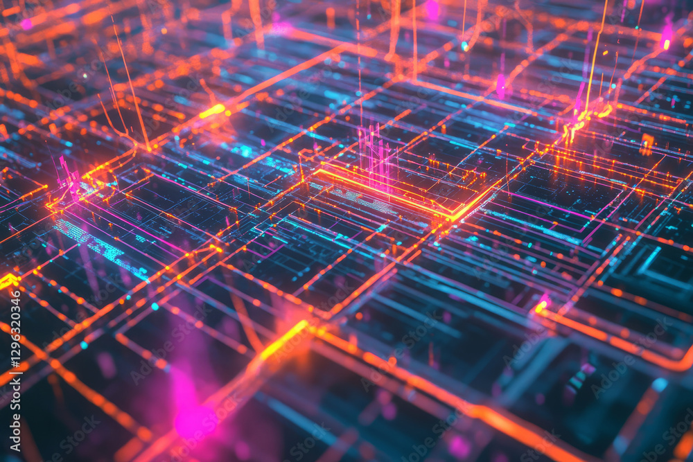 A high-tech 3D abstract background displaying a vast, crystalline network of interconnected, glowing holograms. The intricate patterns and neon lights create a mesmerizing digital landscape.