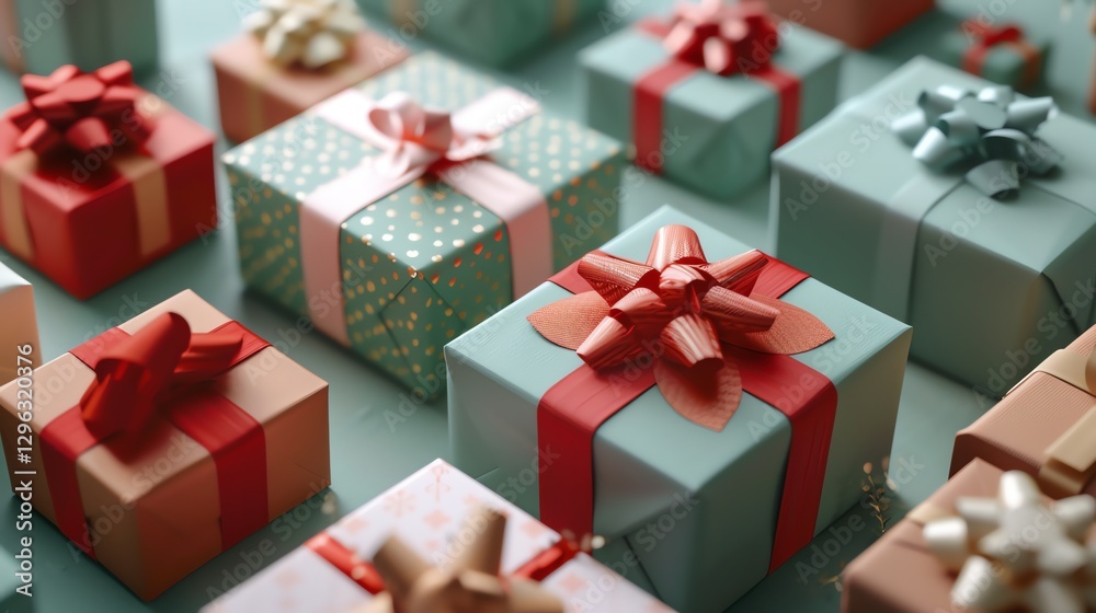 A close-up of a group of colorful gift boxes with bows. A close-up of a group of colorful gift boxes with bows.