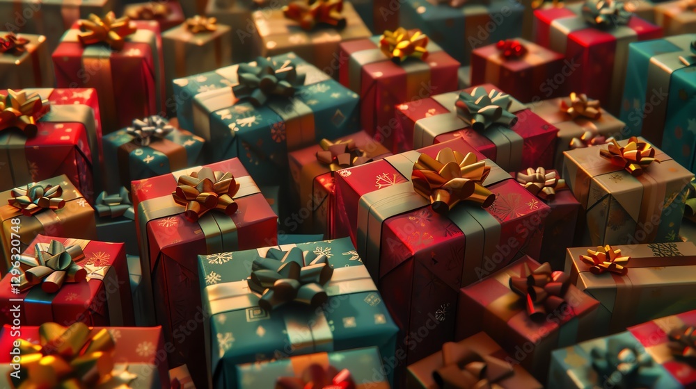 A close-up of a large pile of colorful, wrapped gifts. A close-up of a large pile of colorful, wrapped gifts.