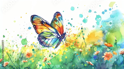 A watercolor painting of a butterfly in a field of flowers.