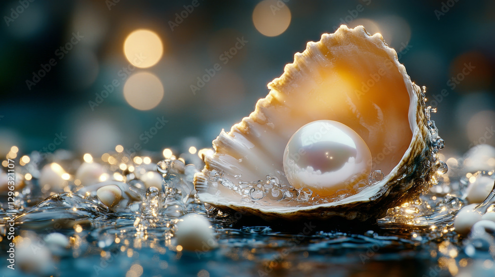 large white pearl is nestled inside open oyster shell surrounded by glistening water droplets, creating serene and luxurious atmosphere large white pearl is nestled inside open oyster shell surrounded by glistening water droplets, creating serene and luxurious atmosphere