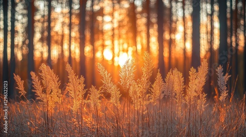 Fototapeta Naklejka Na Ścianę i Meble -  Sunset forest grass autumn nature background
