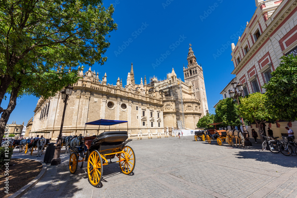 Seville, Spain - August 01, 2024: Sevilla Cathedral (Catedral de Santa Maria de la Sede), Gothic style architecture in Spain, Andalusia. Historic buildings and monuments of Seville, Spain.